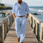 Herren eleganter Freizeit-Jumpsuit mit praktischen Taschen und stylischem Henley-Ausschnitt R&B