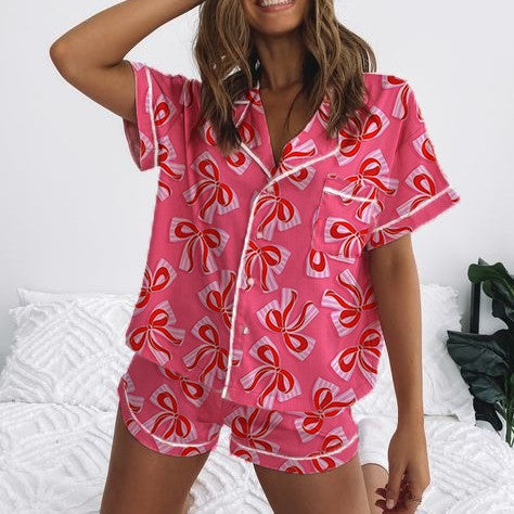 Damen Kurzarm-Pyjama-Set mit verspieltem Schleifenmuster R&B