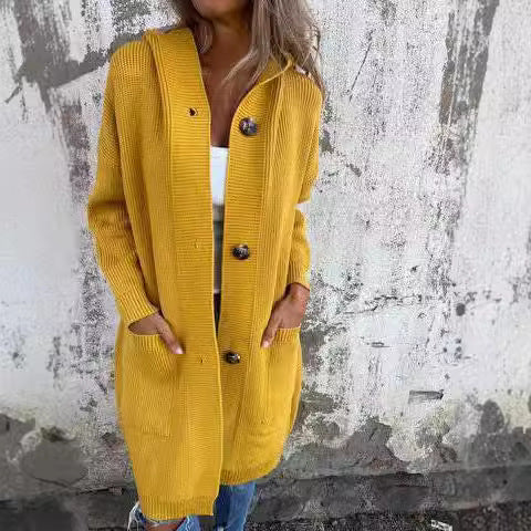 Damen Strickmantel mit Kapuze und Knopfleiste