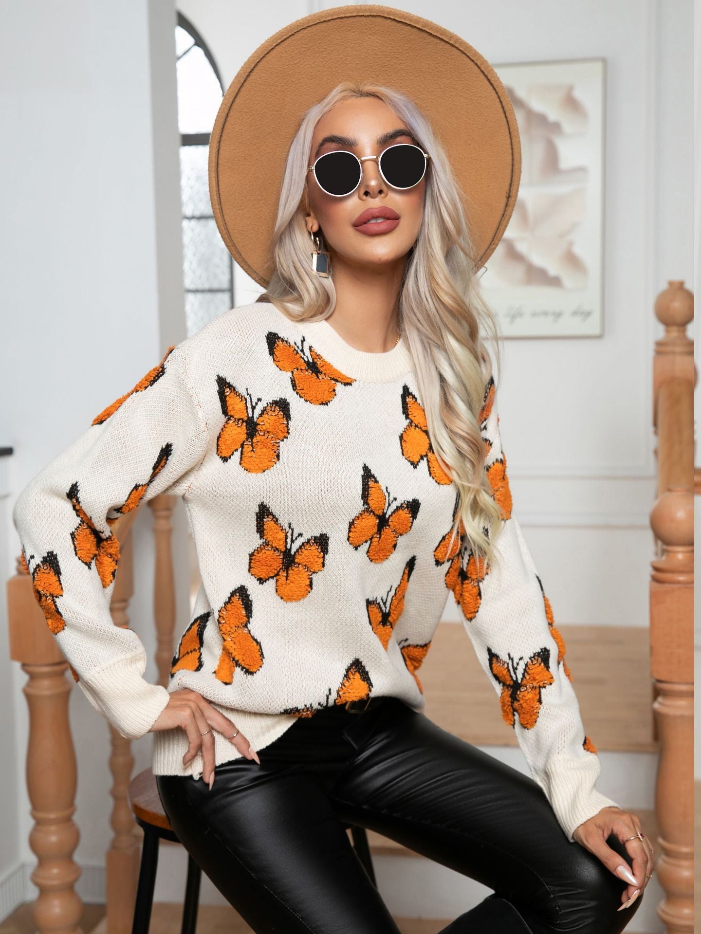 Damen Strickpullover mit Schmetterlingsmuster R&B
