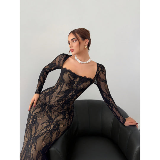 Damen Spitzenkleid mit langem Arm und luxuriösen Details R&B
