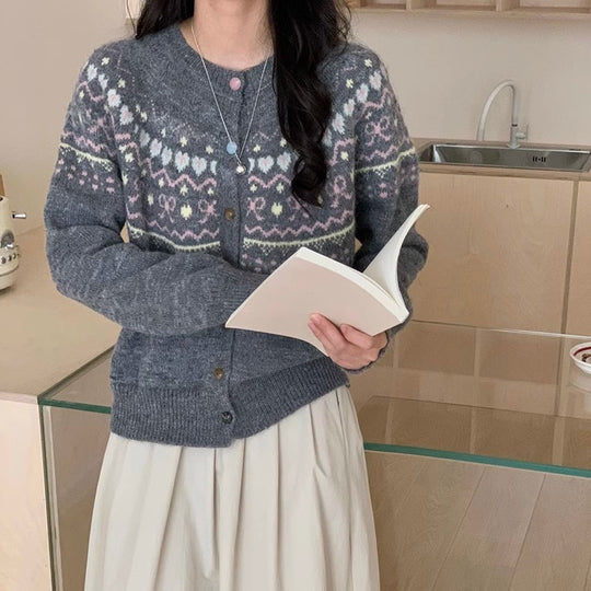 Damen Strickjacke mit festlichem Muster und modischen Knöpfen R&B