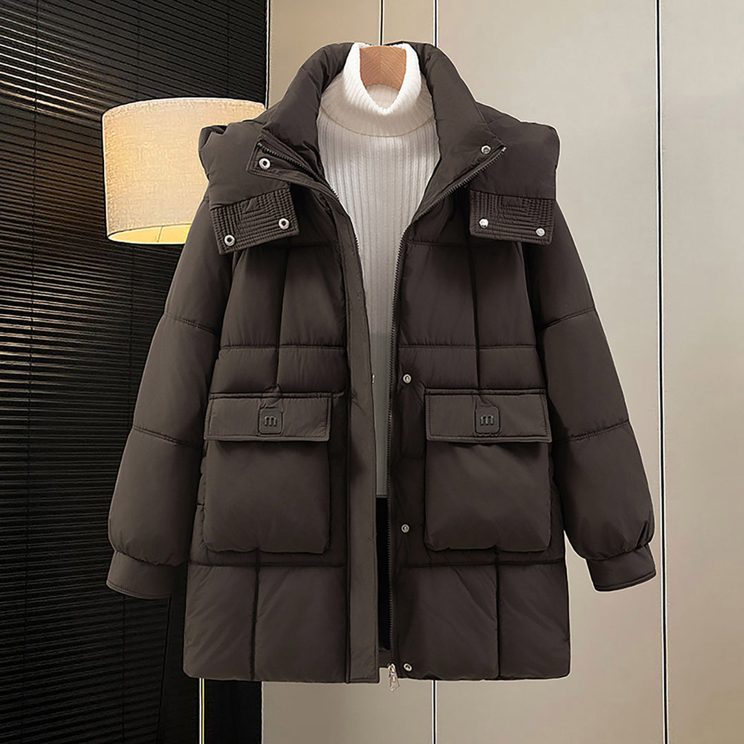 Damen funktionelle und stilvolle Winterjacke mit Taschen und Kapuze R&B
