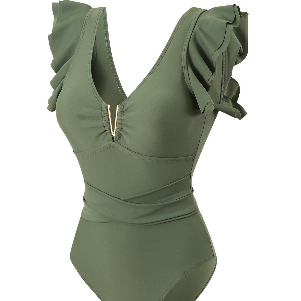 Damen Eleganter Einteiler Badeanzug mit Rüschen und Bindegürtel R&B
