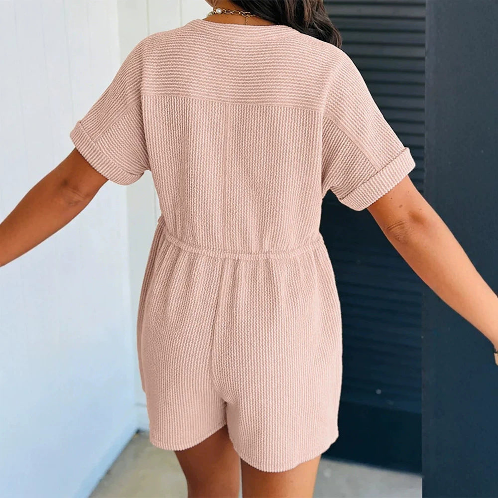 Damen lässiger Kurzoverall aus weichem Waffelmaterial mit Knopfdetails und praktischem Taschen R&B