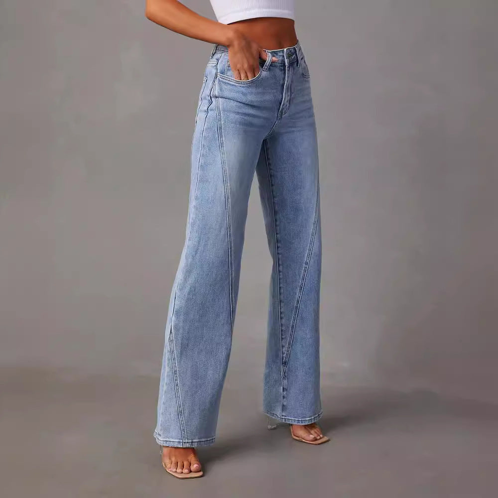 Damen lässige Weitbein-Jeans mit hohem Bund und eleganten Nahtdetails R&B