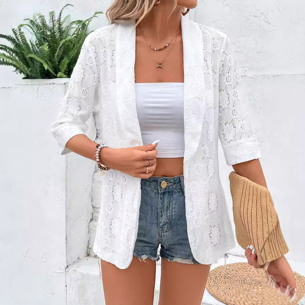 Damen Spitzenblazer mit filigranem Motiv und kurzem Arm R&B
