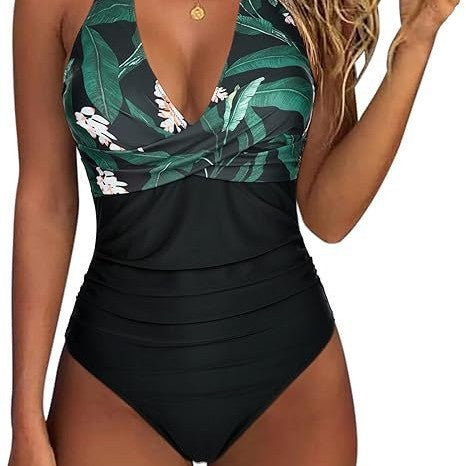 Damen Hochtaillierter Badeanzug mit tiefem V-Ausschnitt und floralem Design R&B