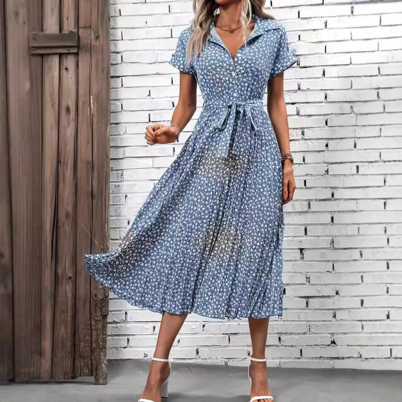 Damen Maxikleid mit knöpfbarem Kragen und Bindegürtel R&B