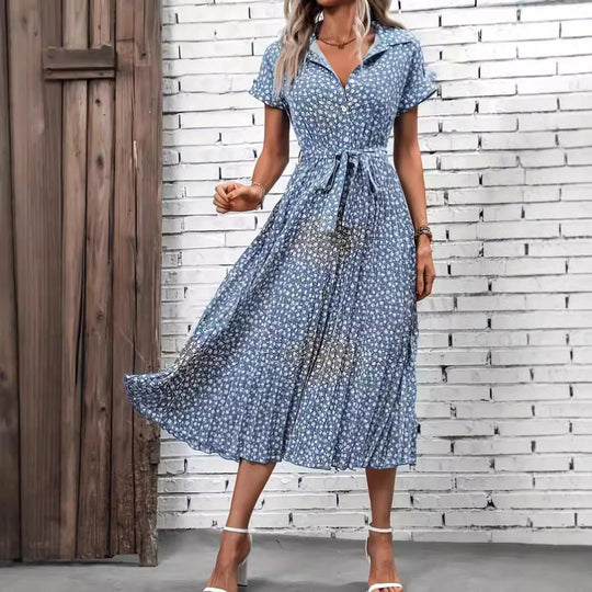 Damen Maxikleid mit knöpfbarem Kragen und Bindegürtel R&B