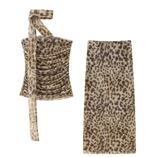 Damen elegant gestreifter Maxirock mit hohem Bund im Leoprint R&B