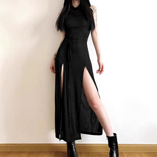 Damen Elegantes Maxikleid mit hohem Schlitz und Kapuze R&B