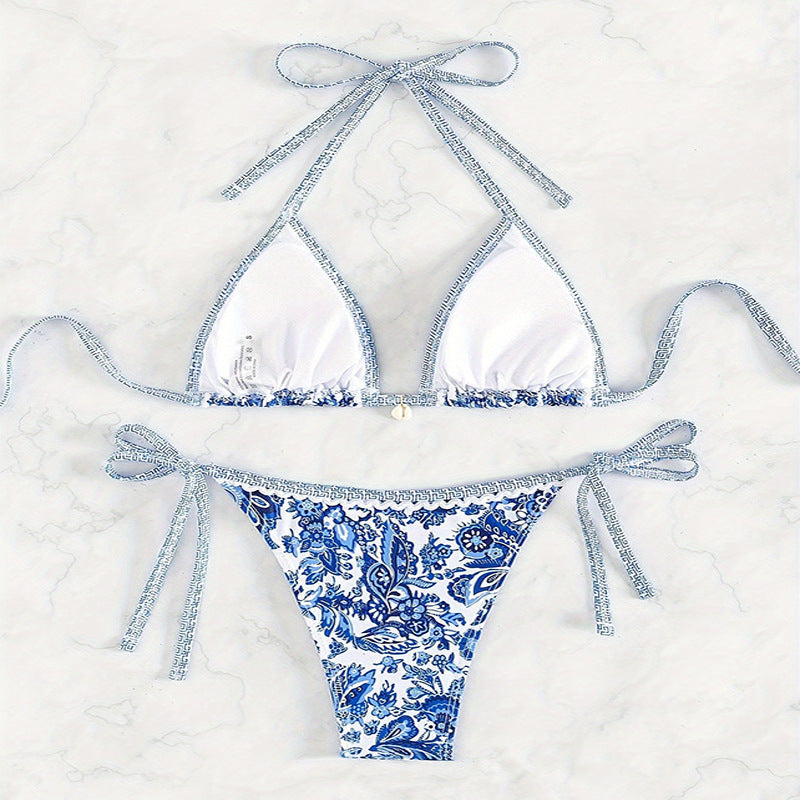 Damen Triangel-Bikini mit floralem Druck und raffinierten Bindändern