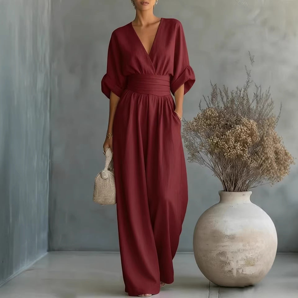 R&B | Eleganter Ärmelloser Jumpsuit mit Tiefem V-Ausschnitt, Taillenbund und Weitem Bein