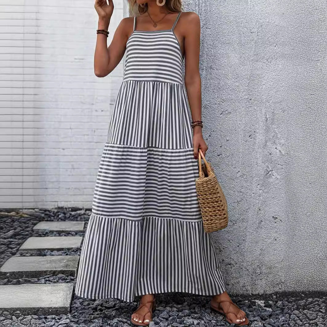 Damen Maxikleid mit schmalen Trägern und gestreiftem Design R&B