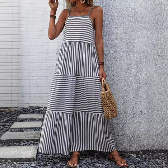 Damen Maxikleid mit schmalen Trägern und gestreiftem Design R&B