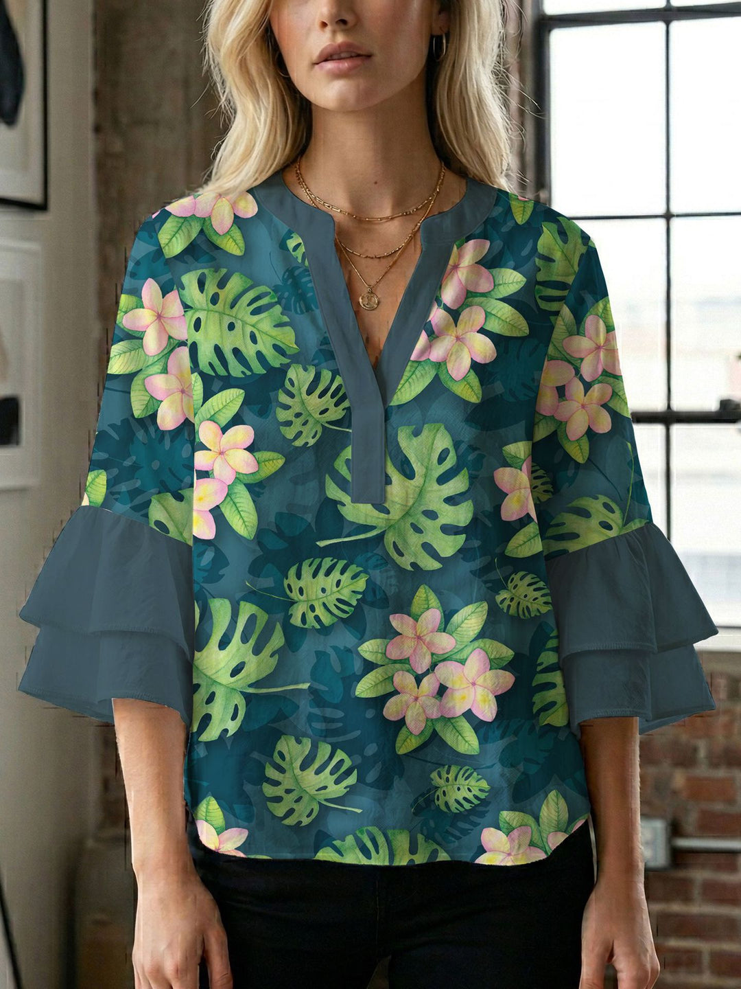Damen Blusenshirt mit voluminösen Ärmeln und kreativem Druckdesign R&B