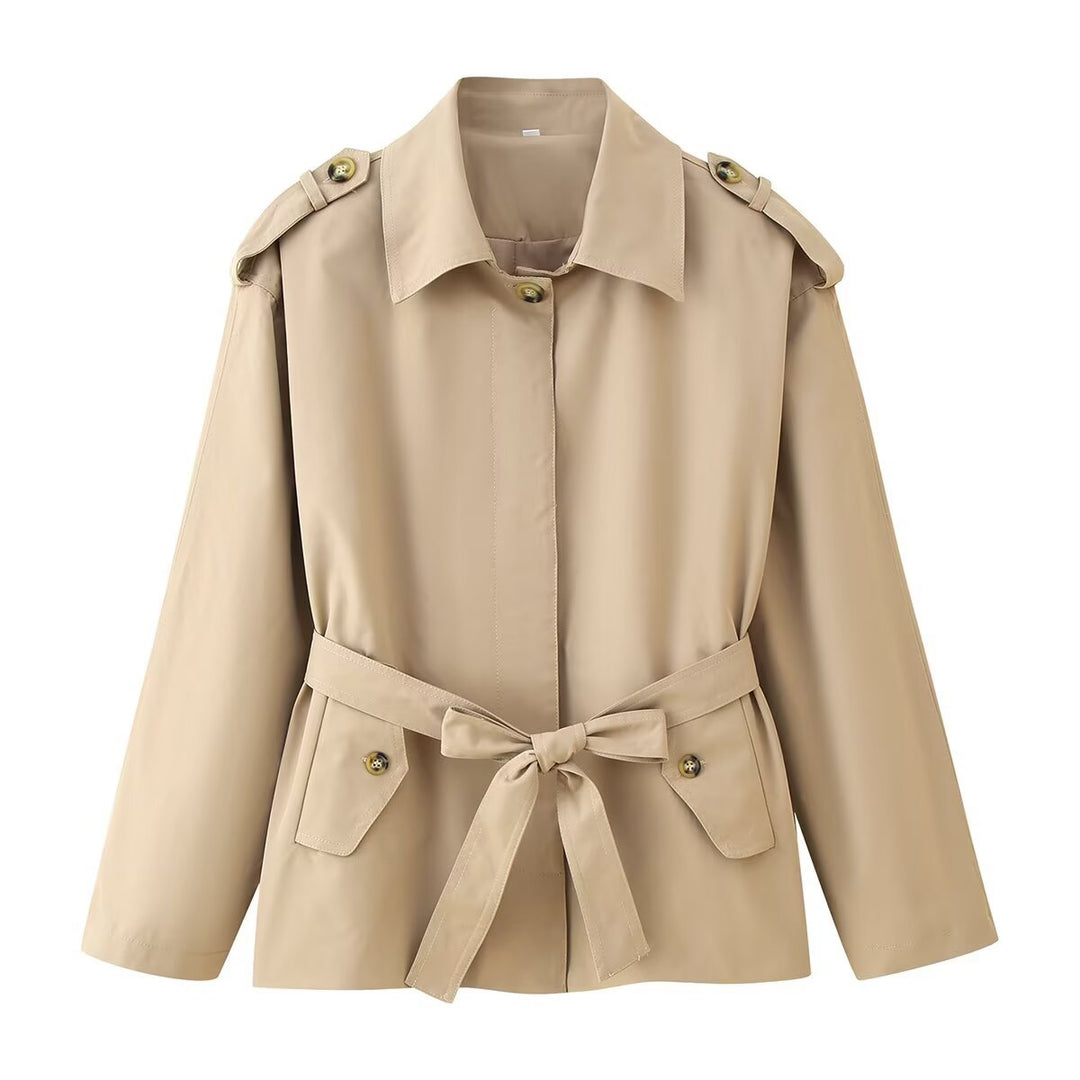 Damen modische Übergangsjacke mit Taillengürtel und funktionalen Knöpfen R&B