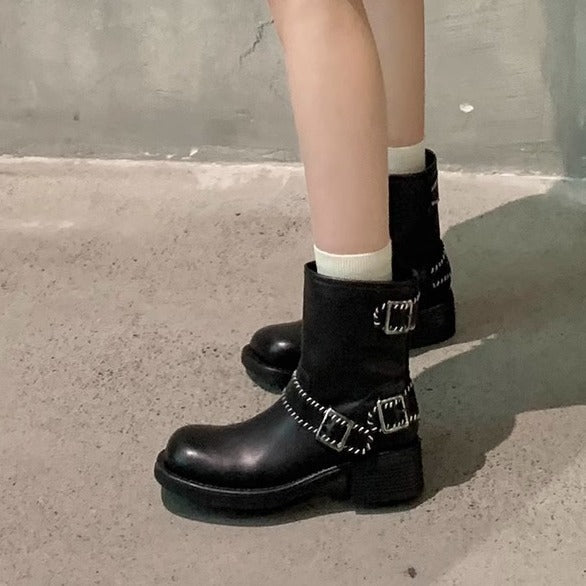 Damen Western-Stiefel mit elegantem Riemendesign und robustem Blockabsatz