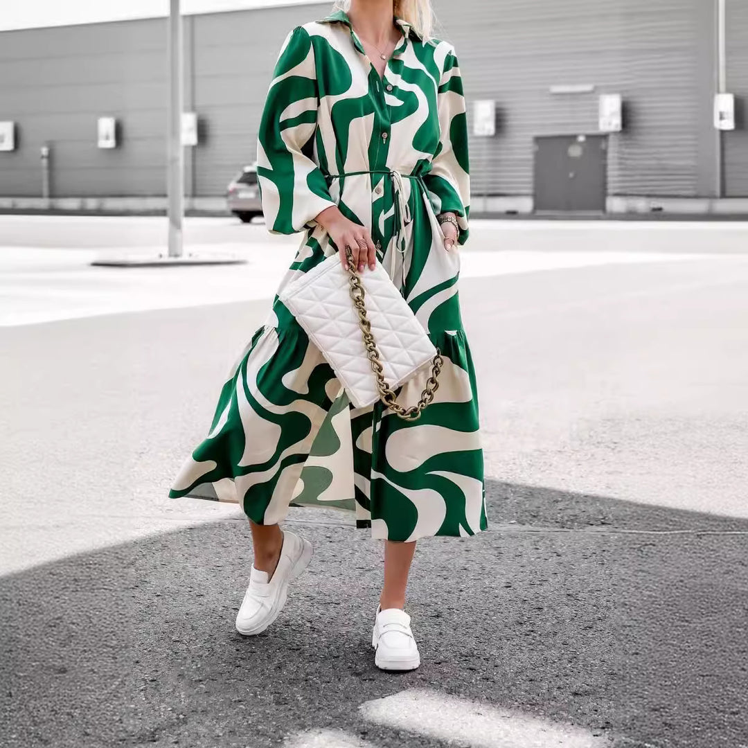 Damen Maxikleid mit modernem Muster und praktischem Taillengürtel R&B