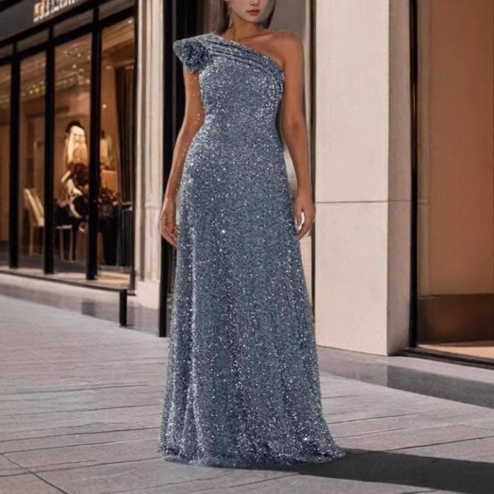 Damen Glamouröses Maxikleid mit schulterfreiem Design und funkelnden Pailletten R&B