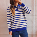 Damen legerer Streifenpullover mit Knopfleiste und weitem Schnitt R&B