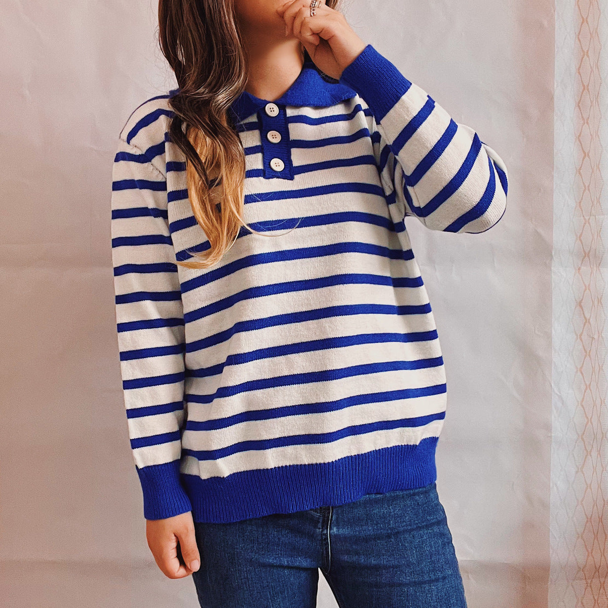 Damen legerer Streifenpullover mit Knopfleiste und weitem Schnitt R&B