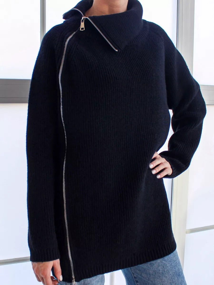 Damen lässiger Strickpullover mit asymmetrischem Reißverschluss und großem Kragen R&B