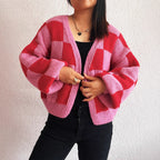 Damen lässige Strickjacke mit Karomuster und voluminösen Ärmeln R&B