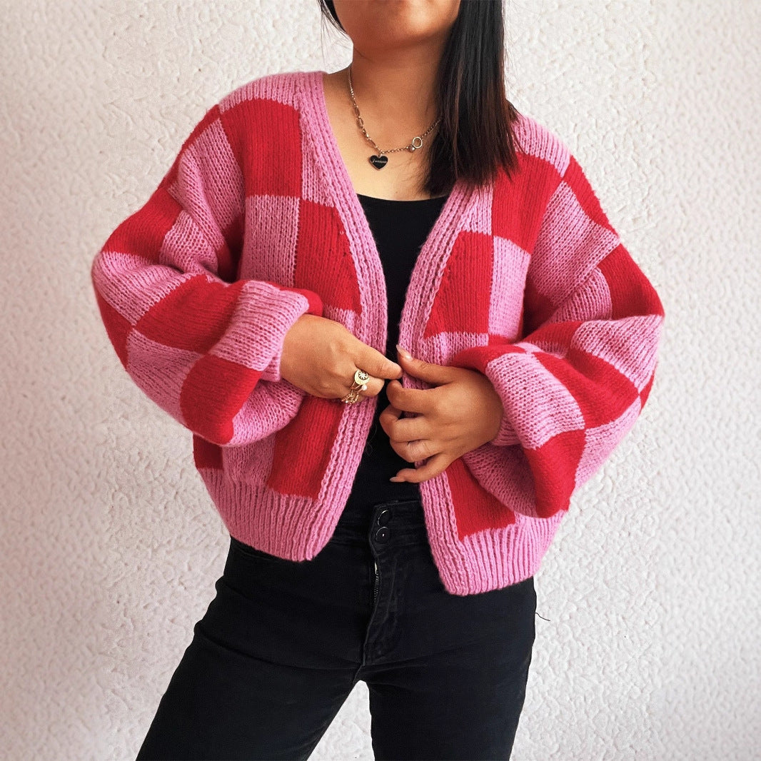 Damen lässige Strickjacke mit Karomuster und voluminösen Ärmeln R&B