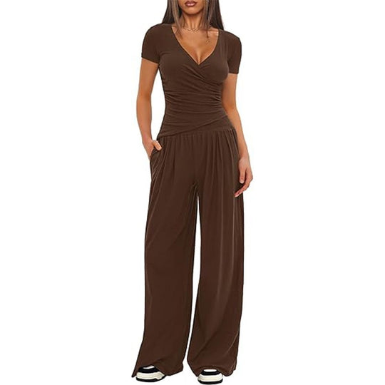 Damen Eleganter Wickel-Jumpsuit mit weitem Bein und modischen Details R&B