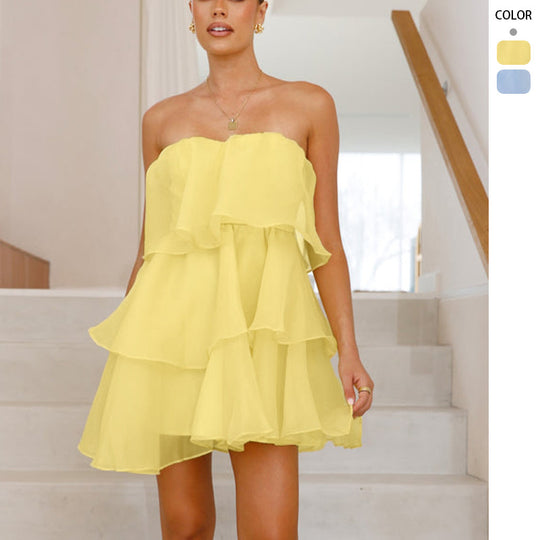Damen Verspieltes Chiffonkleid mit schwingendem Volant und schulterfreiem Design R&B