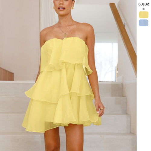 Damen Verspieltes Chiffonkleid mit schwingendem Volant und schulterfreiem Design R&B
