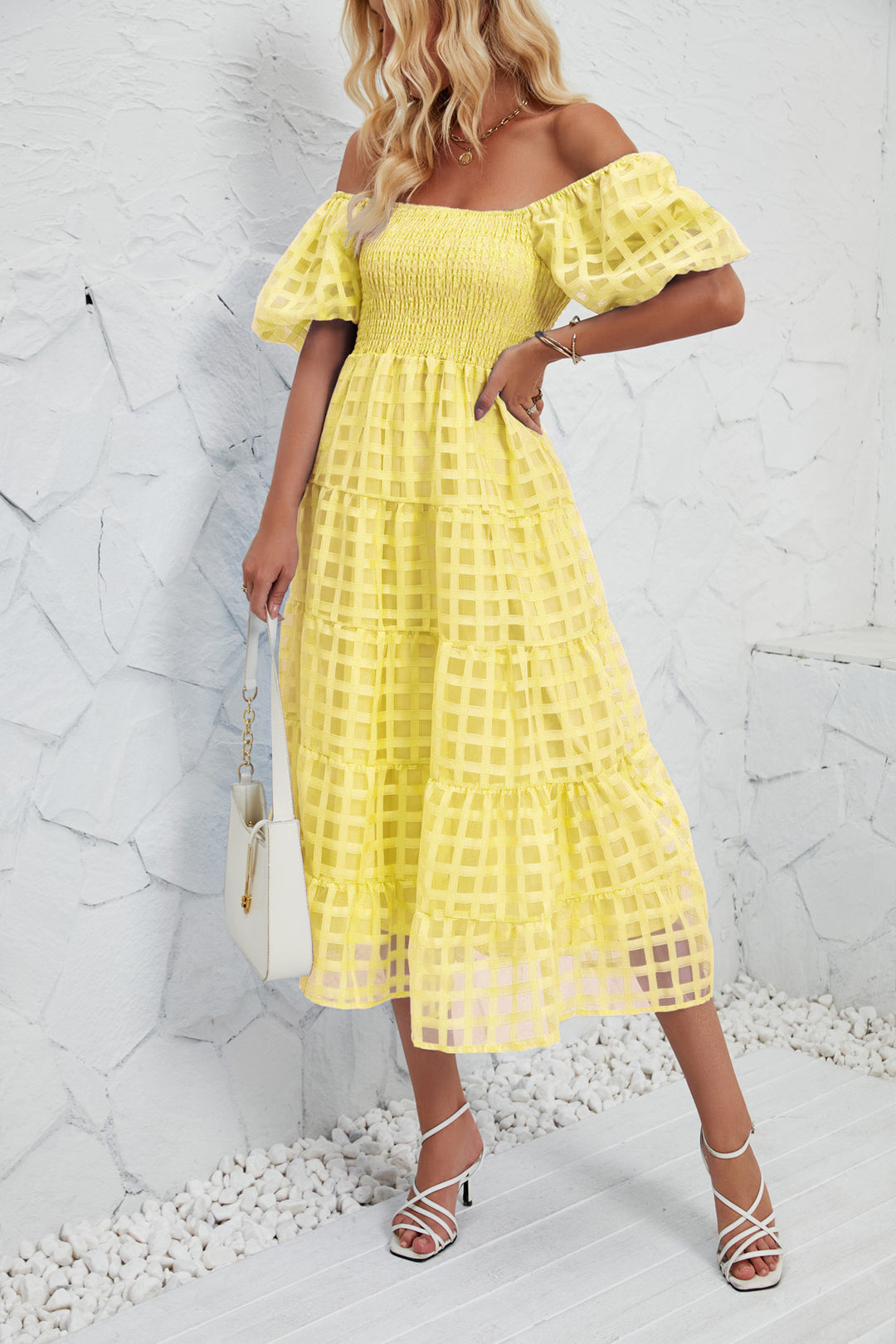Damen Midi-Kleid mit Puffärmeln und elastischem Taillengürtel R&B