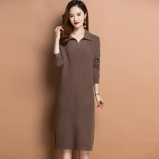 Damen Strickkleid mit klassischem Polokragen und feinem Zopfmuster R&B