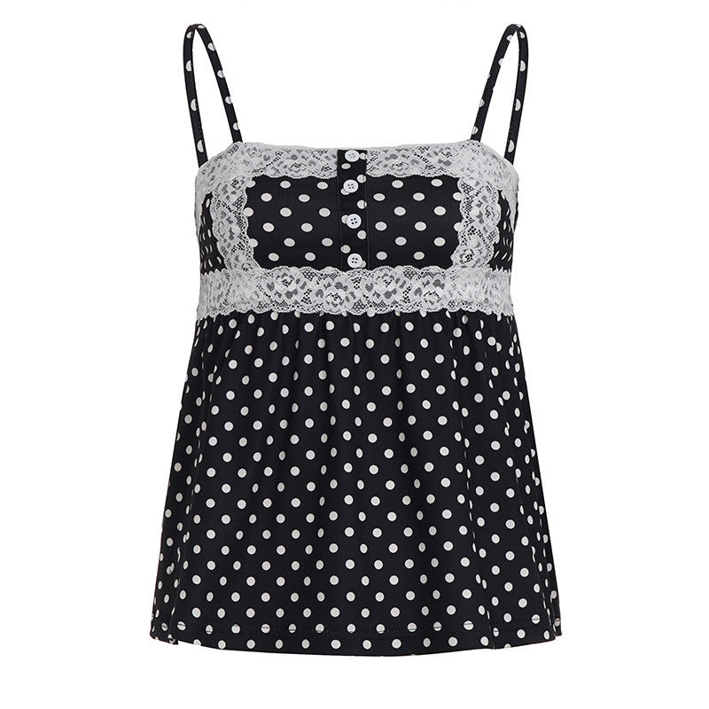 Damen Spaghetti-Trägertop mit süßem Spitzenbesatz und Polka-Dots R&B