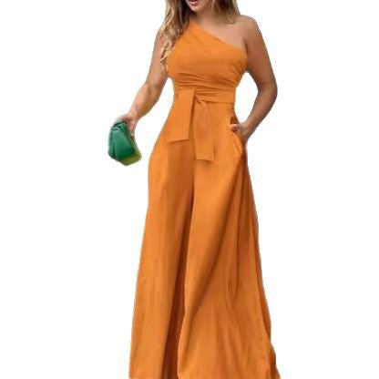 Damen eleganter Jumpsuit mit einseitigem Träger und fließendem Schnitt R&B