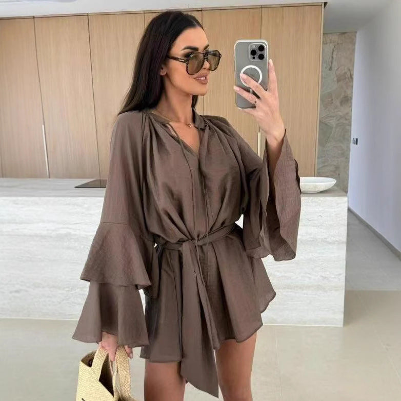 Damen luftige Strandbluse mit voluminösen Ärmeln und Taillengürtel R&B