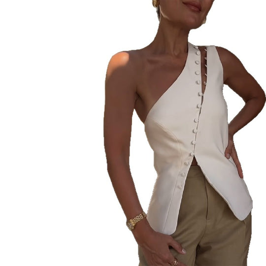 Damen Ein-Schulter Bluse mit Knopfleiste R&B