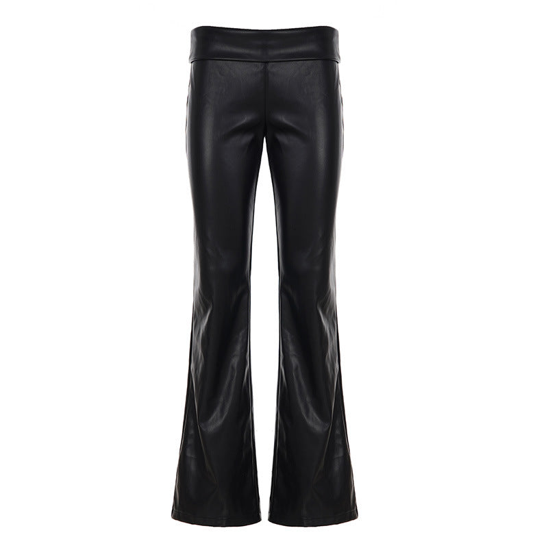 Damen Kunstlederhose mit transparenten Spitzen-Einsätzen und ausgestelltem Bein R&B