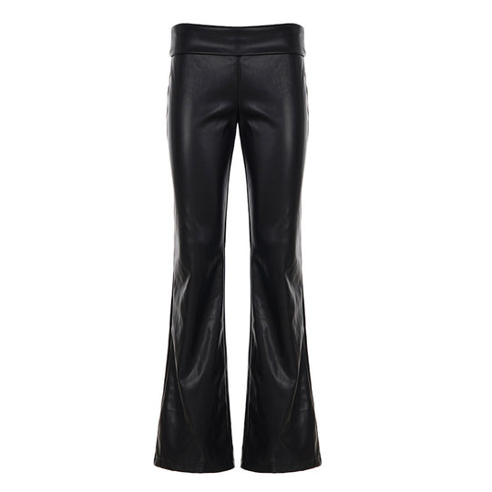 Damen Kunstlederhose mit transparenten Spitzen-Einsätzen und ausgestelltem Bein R&B