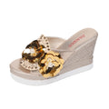 Damen Wedge-Sandalen mit schimmernden Blumenapplikationen und rutschfester Sohle R&B