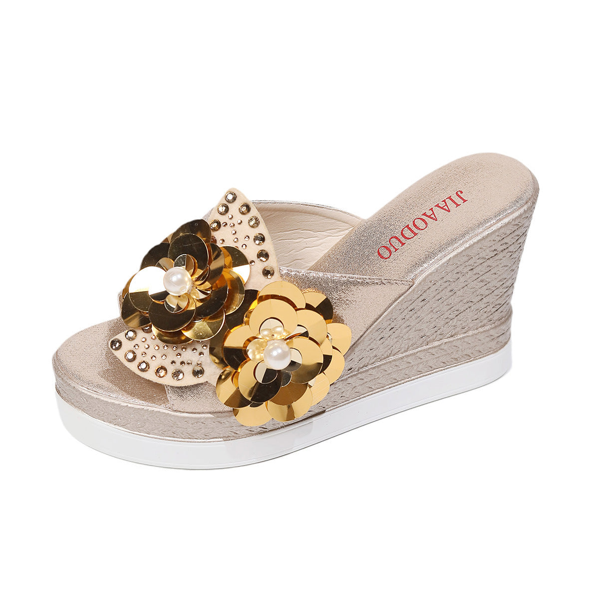 Damen Wedge-Sandalen mit schimmernden Blumenapplikationen und rutschfester Sohle R&B