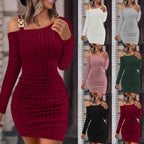 Damen Figurbetontes Strickkleid mit asymmetrischem Schulterdesign und dekorativen Akzenten