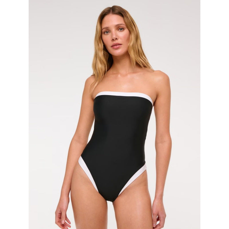 Damen Einteiler Badeanzug mit stilvollem Bandeau-Ausschnitt und kontrastierenden Akzenten R&B