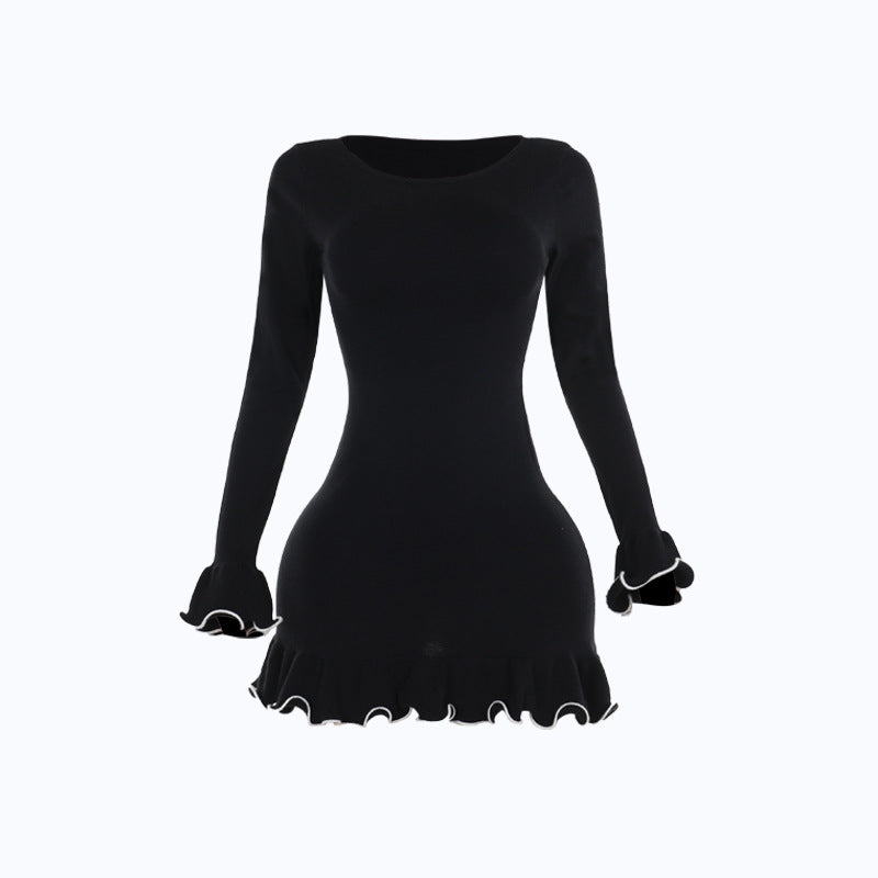 Damen figurbetontes Mini-Kleid mit kreativen Rüschen und langen Ärmeln R&B