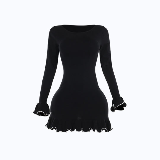 Damen figurbetontes Mini-Kleid mit kreativen Rüschen und langen Ärmeln R&B