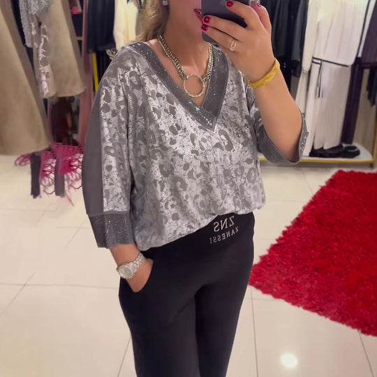 Damen nan schimmerndes Jacquard-Blusenshirt mit V-Passe in Schmuckoptik und dreiviertelärmeln R&B