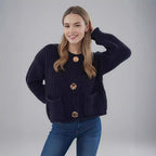 Damen Strickjacke mit kreativen Knopfdetails und seitlichen Taschen R&B