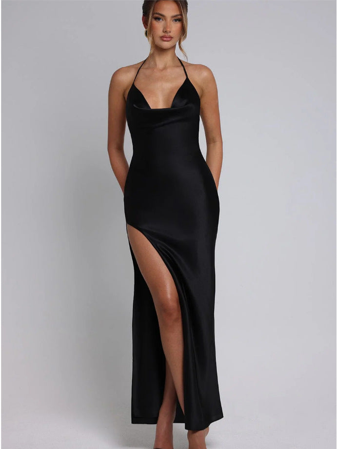 Damen Satin-Maxikleid mit tiefem Schlitz und Halterneck R&B